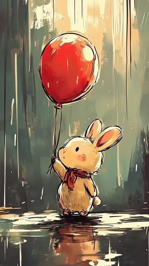 11 Ảnh nền đt Iphone có chú thỏ bé ôm bóng đỏ đi giữa cơn mưa nhẹ, mặt đường phản chiếu ánh sáng làm khung hình long lanh và vui nhộn, hợp cho nền điện thoại thỏ đáng yêu phong cách kể chuyện 3D