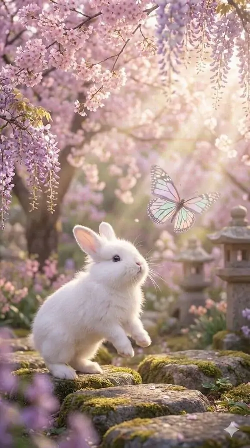 12 Một chú thỏ trắng đứng trên lối đá phủ hoa anh đào, ánh sáng hồng mỏng phủ quanh tạo vẻ mộng mơ và thanh sạch, kiểu ảnh nền thỏ 4K này hợp người mê không khí nhẹ nhàng cùng gam pastel đẹp