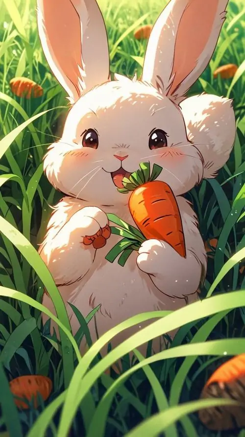 15 Chú thỏ trắng mũm mĩm ôm củ cà rốt giữa bụi cỏ xanh, gương mặt rạng rỡ và chân trước bé xíu làm tổng thể đáng yêu hơn hẳn, hợp làm ảnh nền thỏ xinh kiểu minh họa dễ thương và tươi sáng