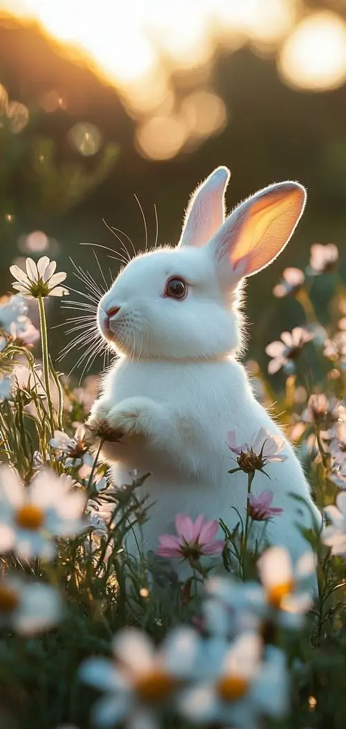 16 Ảnh nền khắc họa thỏ trắng đứng nghiêng giữa đám hoa nhỏ, nắng vàng hậu cảnh làm đôi mắt tròn long lanh bật lên rõ nét, đây là ảnh thỏ con làm nền đẹp và rất hợp với gu mềm mại 4K