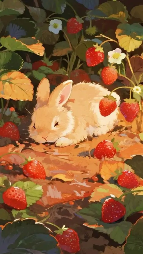 17 Chú thỏ nằm ngủ giữa lá vàng và quả đỏ, sắc thu ấm áp ôm lấy dáng cuộn tròn khiến bức hình vừa yên bình vừa dễ thương, một ảnh nền bunny ngọt ngào dành cho người thích cảm giác dịu mắt ngày se lạnh