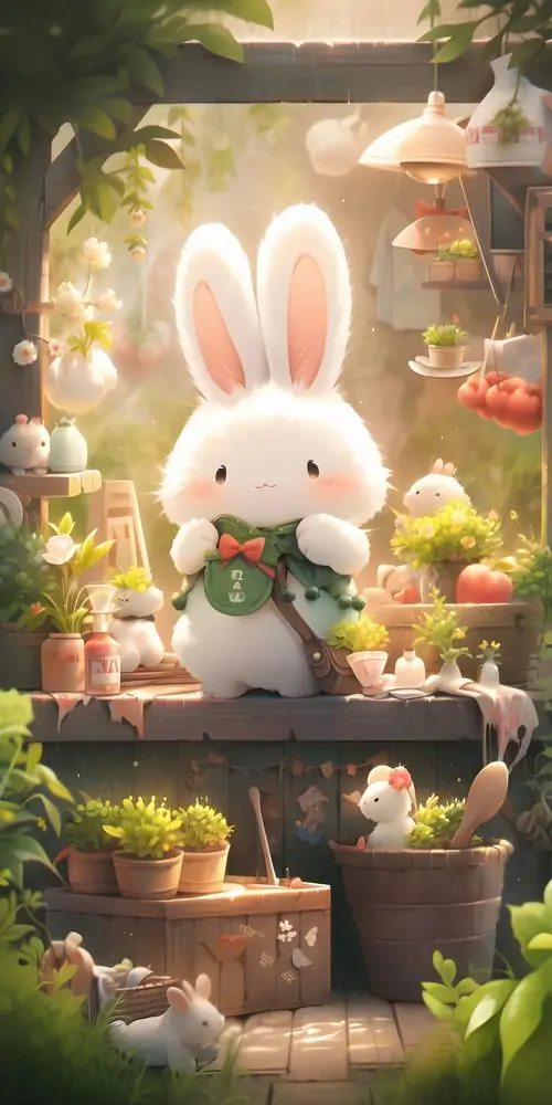 18 Ảnh bìa là bé thỏ trắng đứng trước góc hiên ngập hoa, ánh đèn và nắng sớm hòa vào nhau tạo khung cảnh sáng rõ, cực hợp làm hình nền con thỏ cute cho ai mê sự mềm mại và an yên