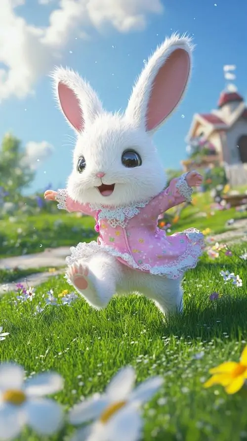19 Giữa nền trời xanh cùng cánh đồng hoa, chú thỏ trắng nhảy tung tăng trong chiếc váy tím, vẻ vui tươi hòa với sắc trắng sữa làm ảnh nền thỏ dễ thương này trông nổi bật mà vẫn rất thư giãn