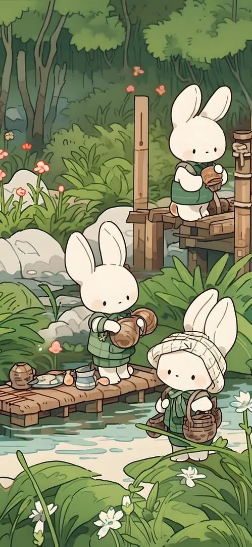 1 Hình nền con thỏ trắng nhỏ đứng bên luống rau xanh, cạnh đôi tai dài mềm và chiếc ghế gỗ xinh, khung vườn sáng trong tạo cảm giác dễ thương chữa lành, rất hợp làm ảnh nền thỏ dễ thương cho điện thoại