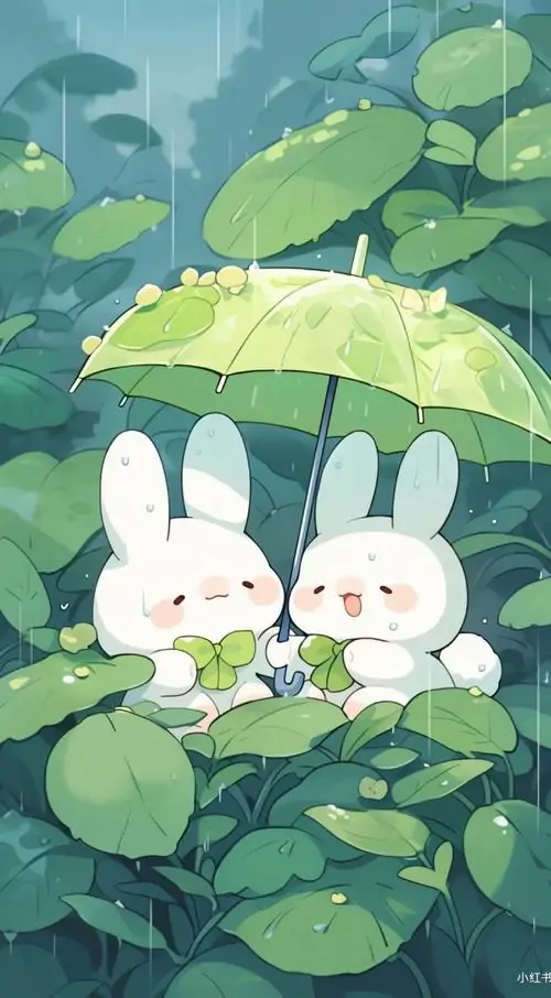 21 Hai chú thỏ trắng ngồi nép dưới tán lá sen lớn như chiếc ô xanh, khung cảnh mùa hè mát rượi tạo cảm giác chữa lành rõ rệt, thích hợp làm nền điện thoại thỏ đáng yêu theo kiểu minh họa đáng yêu