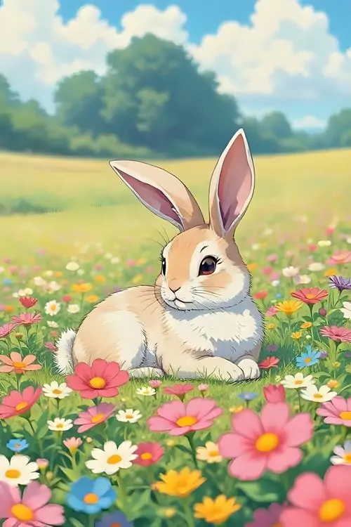 27 Chú thỏ mập ôm cà rốt giữa lá xanh dày, biểu cảm rạng rỡ cùng tai hồng khiến bức minh họa tràn năng lượng tích cực, hợp cho ảnh nền thỏ 4K theo hướng đáng yêu và nổi bật trên màn hình