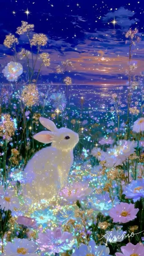 2 Giữa bầu trời tím xanh lấp lánh, chú thỏ trắng phát sáng ngồi bên mặt nước phủ hoa, tổng thể mơ màng và dịu mắt như một ảnh nền bunny ngọt ngào dành cho ai mê thế giới cổ tích mềm mại