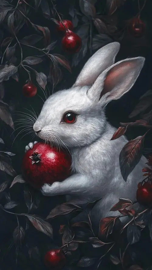 30 Lá vàng và quả đỏ phủ quanh giấc ngủ của bé thỏ nhỏ, cảnh thu này đem lại cảm giác ấm tay và rất êm mắt, thích hợp cho nền điện thoại thỏ đáng yêu khi bạn muốn màn hình dịu hơn mỗi tối