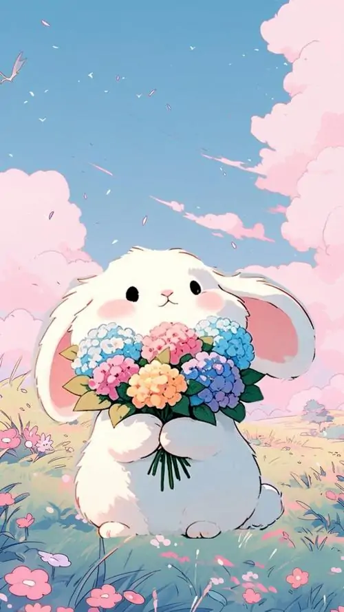 31 Hoa tulip vàng vây quanh chú thỏ xám nhỏ, nền mờ phía sau giúp dáng đứng bé xíu trở nên nổi hơn, đây là ảnh nền bunny ngọt ngào mang sắc thái ấm áp và rất hợp cho màn hình điện thoại cute