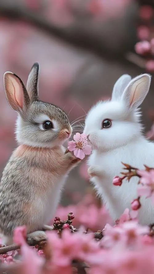 33 Chú thỏ váy tím bật nhảy giữa bầu trời xanh và hoa dại, nhịp ảnh tươi vui khiến toàn bộ khung hình sáng bừng, một hình nền thỏ xinh lý tưởng cho ai muốn màn hình có sức sống và nét dễ thương