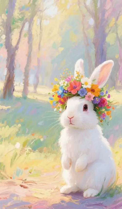 34 Ảnh bìa ghi hình chú thỏ trắng đứng trong bụi hoa trắng xanh, ánh ngược nắng làm bộ lông như phát sáng, phù hợp với ảnh nền bunny ngọt ngào dành cho người mê vẻ tinh khôi và không gian đẹp