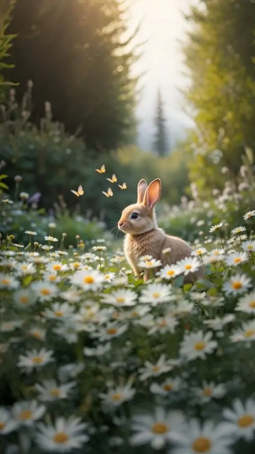 36 Ảnh đại diện nền đặt chú thỏ tai cụp giữa biển hoa hồng tím, phía sau là dãy núi xa mở ra không gian rộng và thoáng, rất hợp cho nền điện thoại thỏ đáng yêu mang sắc thái vui tươi đẹp