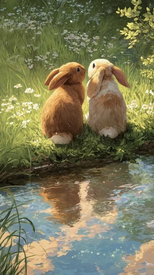 3 Ảnh nền ghi lại hai chú thỏ nâu ngồi sát nhau bên vũng nước phản chiếu trời chiều, dáng vẻ an yên cùng bộ lông mềm làm khung hình đẹp và thư giãn, hợp làm ảnh thỏ con làm nền thật nhẹ nhàng