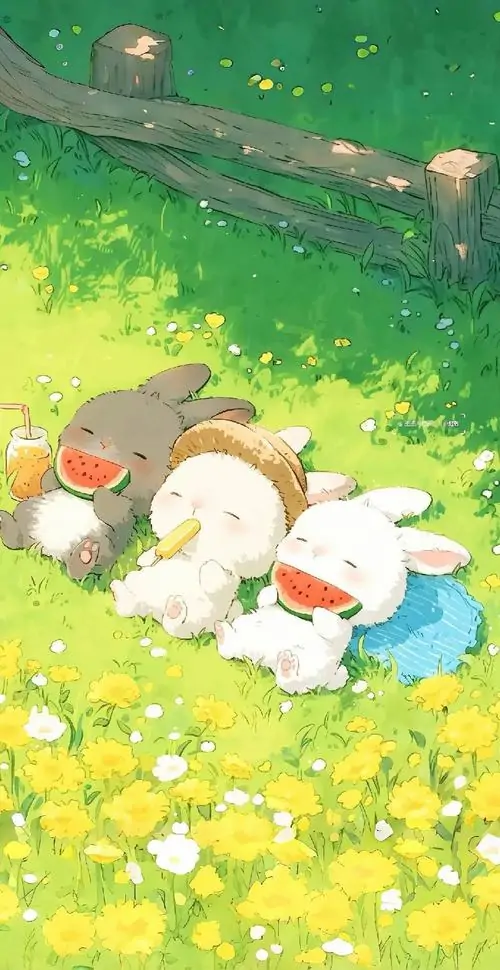 4 Hai bé thỏ trắng nằm ngủ giữa thảm cỏ vàng xanh, nắng non rơi mỏng trên lưng tạo vẻ trong trẻo, kiểu ảnh nền thỏ xinh này rất hợp người thích bình yên và bố cục thoáng mắt chuẩn HD