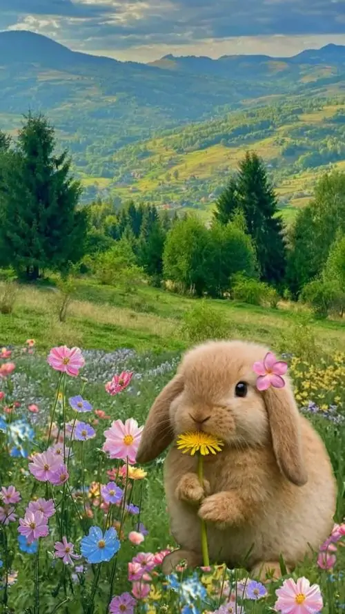 5 Ảnh bìa nổi bật chú thỏ tai cụp giữa đồng hoa tím hồng, phía xa là đồi núi xanh mờ, sắc màu vui tươi mà nhẹ nhàng khiến ảnh nền con thỏ cute trở nên đẹp và rất dễ gây thiện cảm