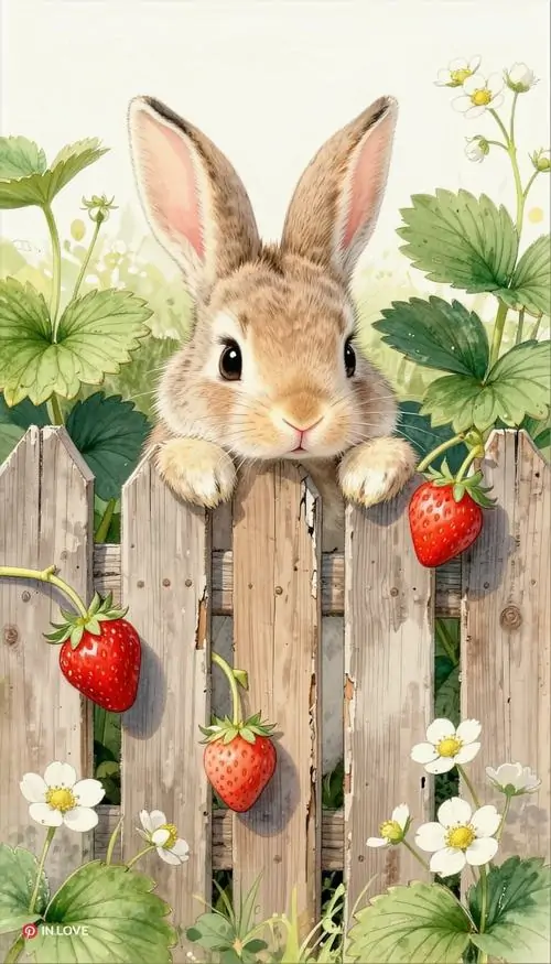 6 Chú thỏ trắng nép sau hàng rào gỗ, bên cạnh dâu đỏ và hoa nhỏ, đôi mắt tròn cùng mũi hồng nhỏ làm khung hình ngọt lịm, rất hợp cho nền điện thoại thỏ đáng yêu theo kiểu vườn nhà 4K