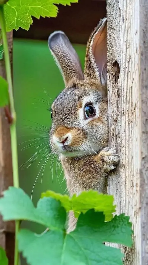 7 Hình nền điện thoại bắt trọn khoảnh khắc thỏ nâu thò đầu từ thân cây, ánh nhìn tò mò và ria mép mảnh khiến bức ảnh có nét tinh nghịch riêng, hợp với ai thích ảnh nền thỏ dễ thương kiểu thiên nhiên đẹp