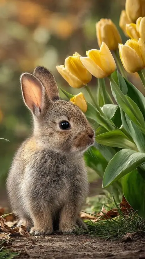 8 Bé thỏ xám đứng giữa cụm tulip vàng, bộ lông mềm bắt sáng nhẹ làm tổng thể sáng rõ và êm mắt, kiểu ảnh thỏ con làm nền này mang cảm giác gần gũi, đáng yêu và rất hợp màn hình khóa cute