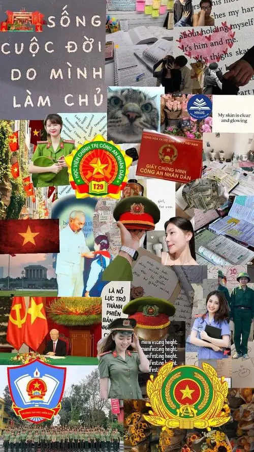 1 Ảnh nền thiết kế dạng cắt dán tổng hợp nhiều khoảnh khắc của người chiến sĩ công an nhân dân với màu sắc rực rỡ mang đến cảm giác sôi động và tự hào cho giao diện điện thoại thông minh cá nhân của bạn.