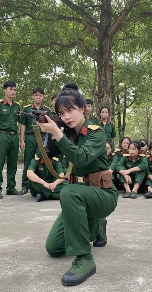 2 Nữ cảnh sát trong tư thế ngắm súng tác chiến đầy bản lĩnh thể hiện ý chí thép của những người bảo vệ bình yên cho cuộc sống nhân dân giữa thao trường nắng gió và bụi bặm của quá trình khổ luyện.