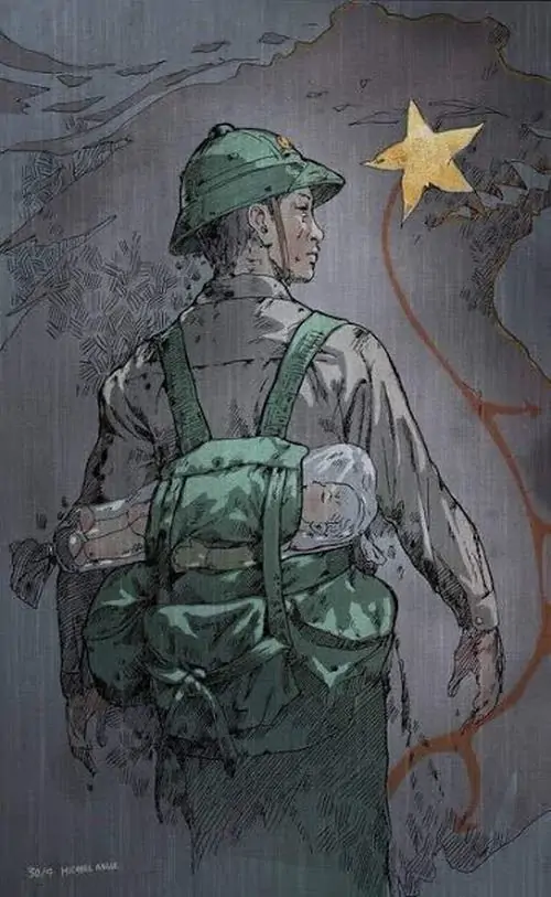 26 Bức tranh cổ động mang phong cách retro miêu tả đoàn quân diễu binh mạnh mẽ dưới lá cờ đỏ sao vàng gợi nhớ về những trang sử vẻ vang của lực lượng công an trong cuộc đấu tranh giành độc lập và hòa bình dân tộc.