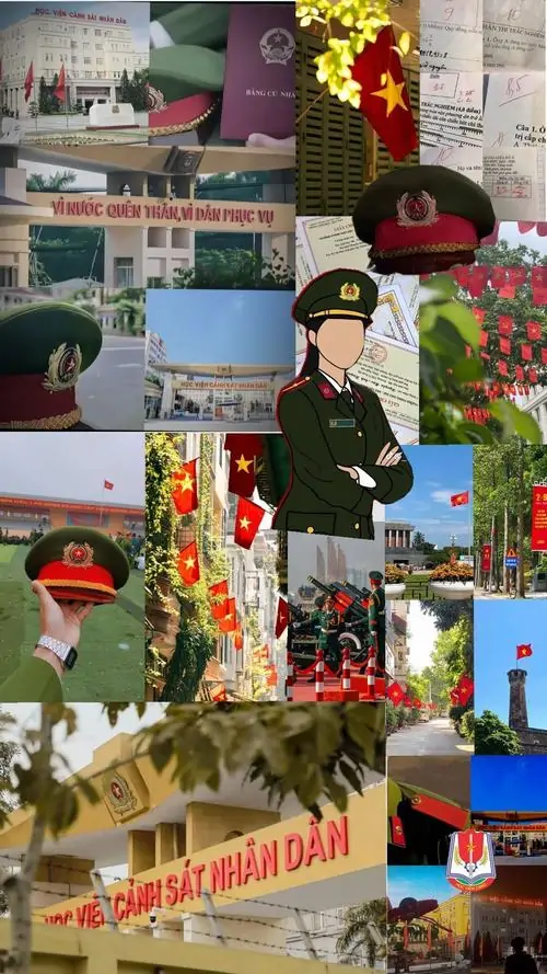 5 Tấm ảnh ghép nghệ thuật phối hợp giữa hình tượng xe đặc chủng và các biểu tượng an ninh quốc gia trên nền đỏ rực rỡ thể hiện sức mạnh của lực lượng vũ trang Việt Nam trong công cuộc bảo vệ hòa bình đất nước.