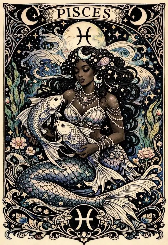 1 Ảnh wallpaper Song Ngư phong cách cổ điển với nữ thần biển tóc xoăn, viền họa tiết dày, sắc nâu bạc tạo cảm giác bí ẩn và nghệ thuật