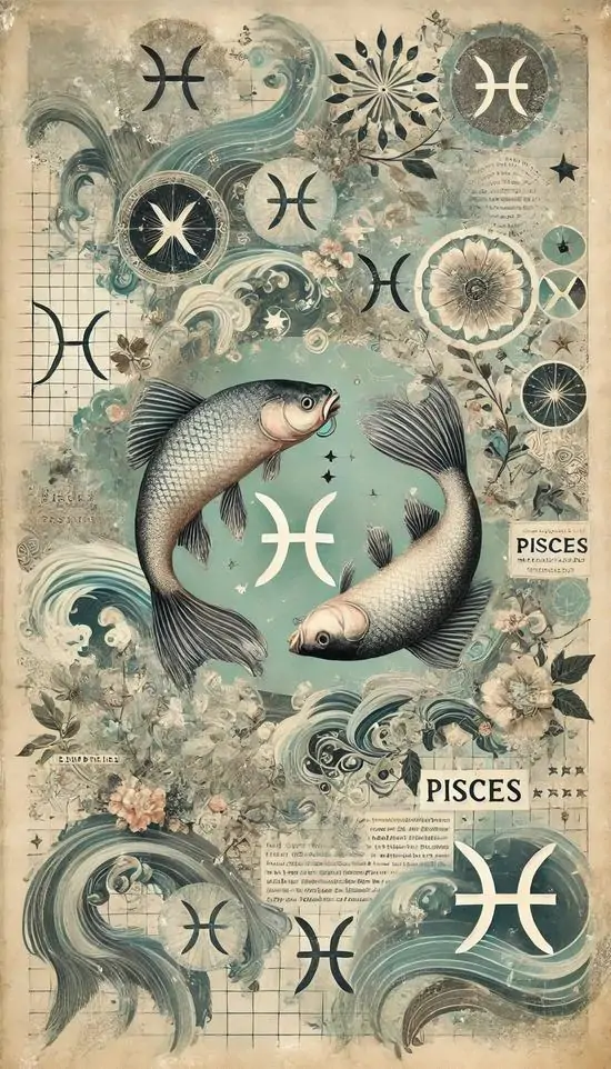 5 Ảnh bìa Song Ngư ghép nhiều biểu tượng cá và ký hiệu nhỏ, nền xanh xám loang nhẹ đem lại cảm giác mộng du và thanh lặng