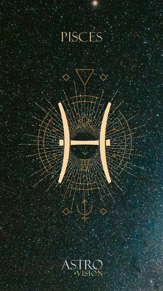 6 Hình nền 4K Pisces tối giản nền đen xanh, glyph vàng đặt giữa bố cục thẳng đứng, hợp gu ngầu và thích sự tinh gọn