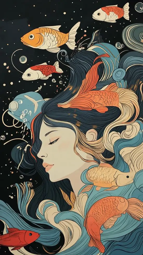 8 Ảnh nền cung hoàng đạo vẽ cô gái tóc đen cùng đàn cá cam lượn quanh, chất anime nhẹ nhàng và rất nữ tính