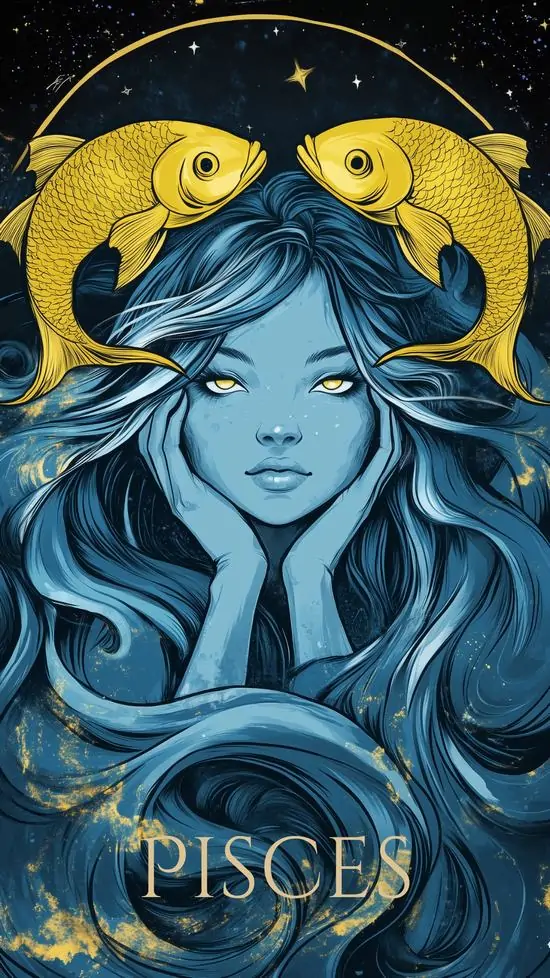 9 Hình nền đẹp nữ Song Ngư tóc xanh, hai cá vàng ôm hai bên đầu như vương miện nước, tổng thể vừa ngầu vừa mềm mại