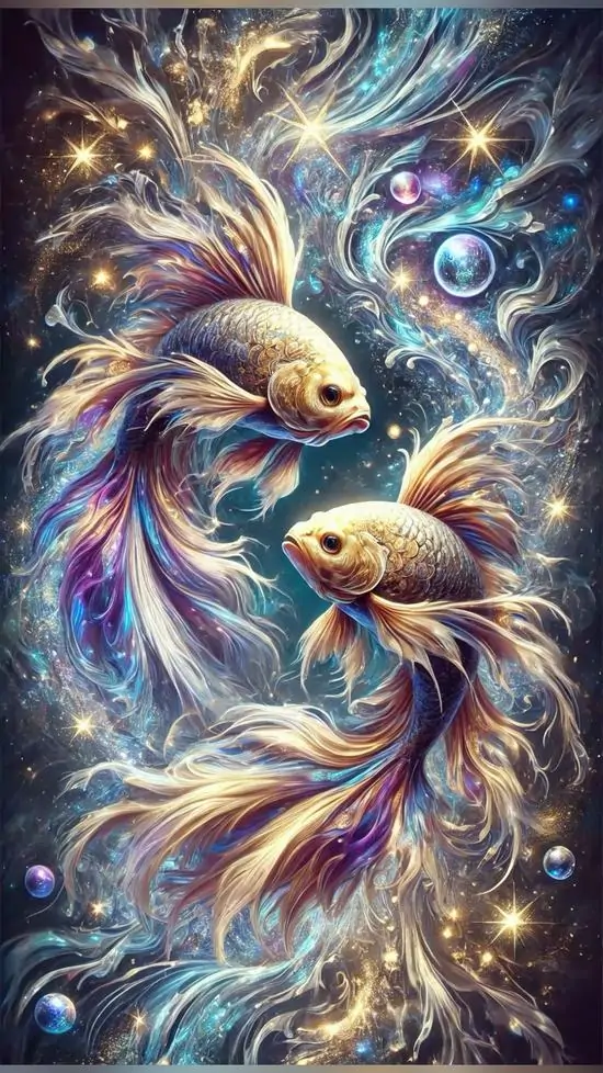 10 Ảnh wallpaper nam Pisces với ba cá phát sáng cuộn trong luồng màu rực, bố cục dọc tạo chiều sâu và sức hút mạnh