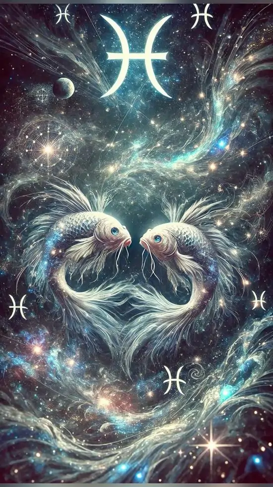 11 Hình nền điện thoại Song Ngư dạng cặp cá ánh sáng giữa dải sao, tông xanh tím giúp màn hình dịu mắt và giàu thấu cảm