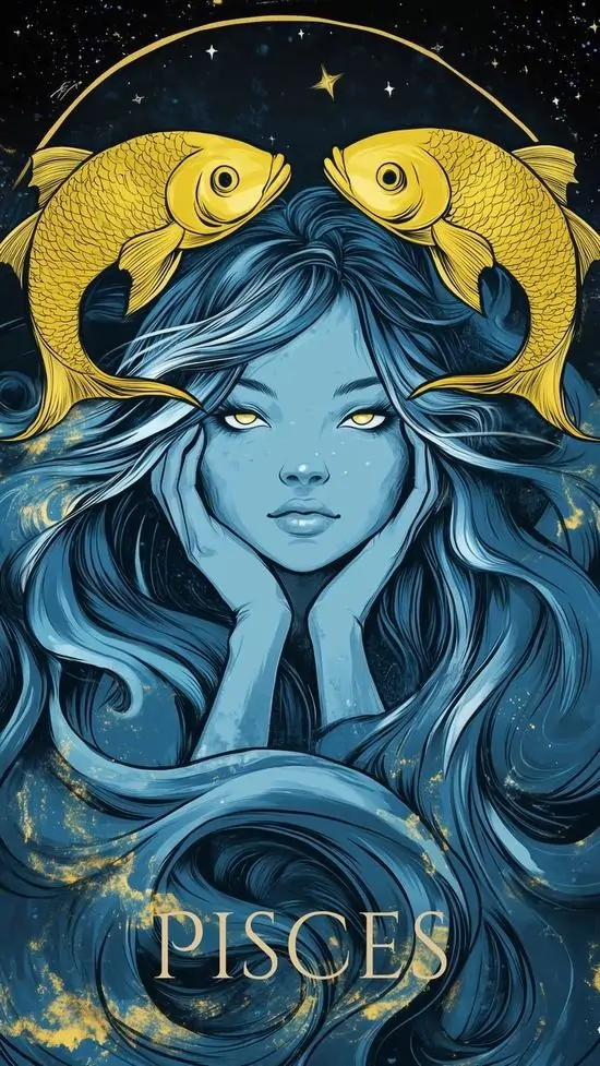 12 Ảnh nền HD Pisces minh họa gương mặt xanh lạnh với hai cá vàng nổi bật, hợp người thích vẻ đẹp nữ và hơi anime