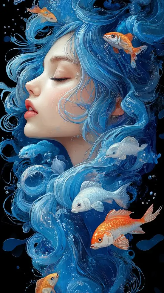 15 Ảnh nền đt Iphone nữ tóc xanh nhắm mắt giữa mây nước, cá cam lướt quanh gương mặt tạo cảm giác phiêu lãng và dịu êm