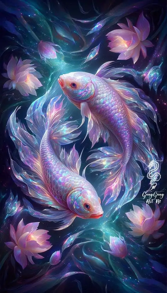 18 Hình nền anime với cá tím hồng bơi giữa hoa sen và nước tối, sắc màu mềm tạo cảm giác chữa lành rất rõ