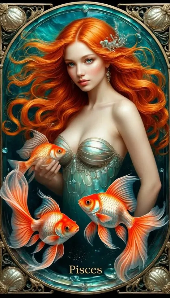 19 Ảnh nền HD ngầu vẽ nàng tiên cá tóc đỏ cùng đàn cá cam, khung cổ điển làm tổng thể rực rỡ mà vẫn sang