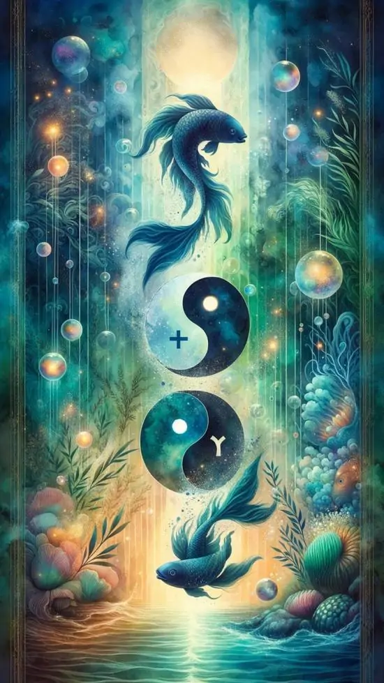 22 Hình nền Pisces dựng theo phong cách siêu thực, sợi dây bạc nối cặp cá thần giữa mặt trăng và biển đêm yên lặng