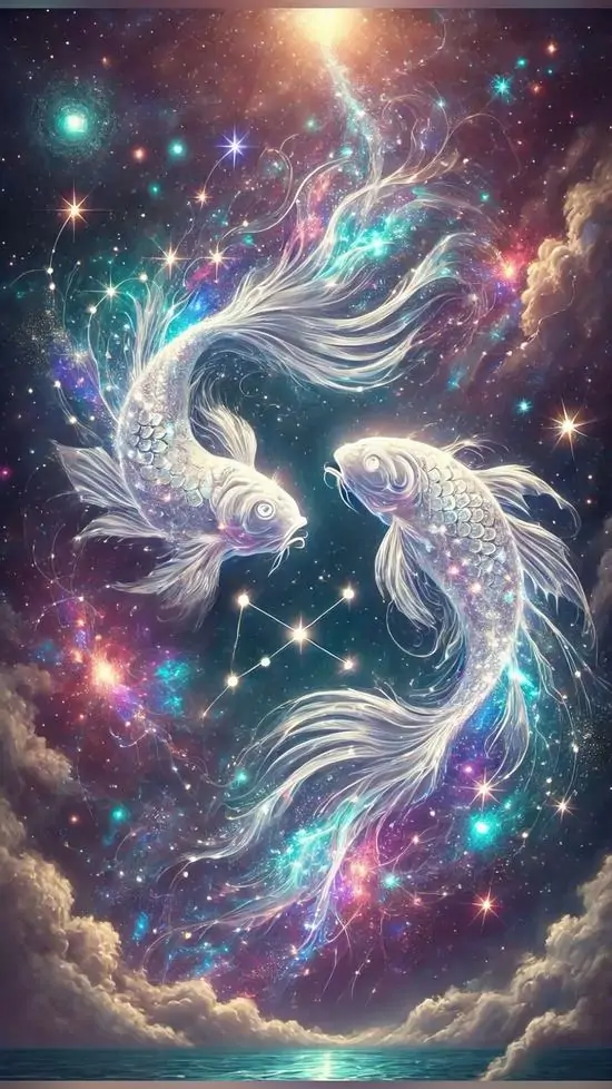 23 Ảnh wallpaper chòm sao với biểu tượng ♓ lồng trong tinh vân, ánh sáng mềm phủ nền tím khói khiến tổng thể mềm mại hơn