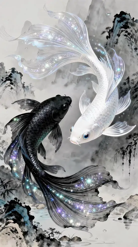 25 Ảnh nền HD lấy cảm hứng Jupiter, mặt nước loang ánh trăng ôm lấy cặp cá đối lập nhưng gắn kết đầy chất thơ