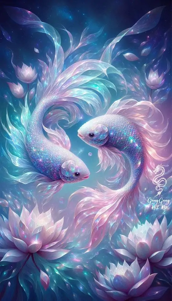 34 Ảnh nền Song Ngư phối background xanh tím, dải sao phía sau mở rộng khiến chủ đề cung nước biến đổi hiện lên rõ hơn