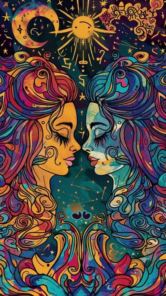 2 Hình nền đẹp Gemini với bản đồ sao phủ nhẹ sau lưng nhân vật làm tổng thể thêm sâu và gợi cảm giác tò mò dễ chịu