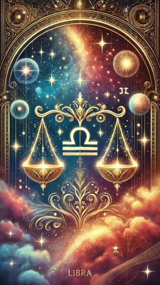 13 Ảnh nền cung The Scales giữa mây sao rực sáng, biểu tượng cân hòa cùng glyph tạo cảm giác mềm và sang