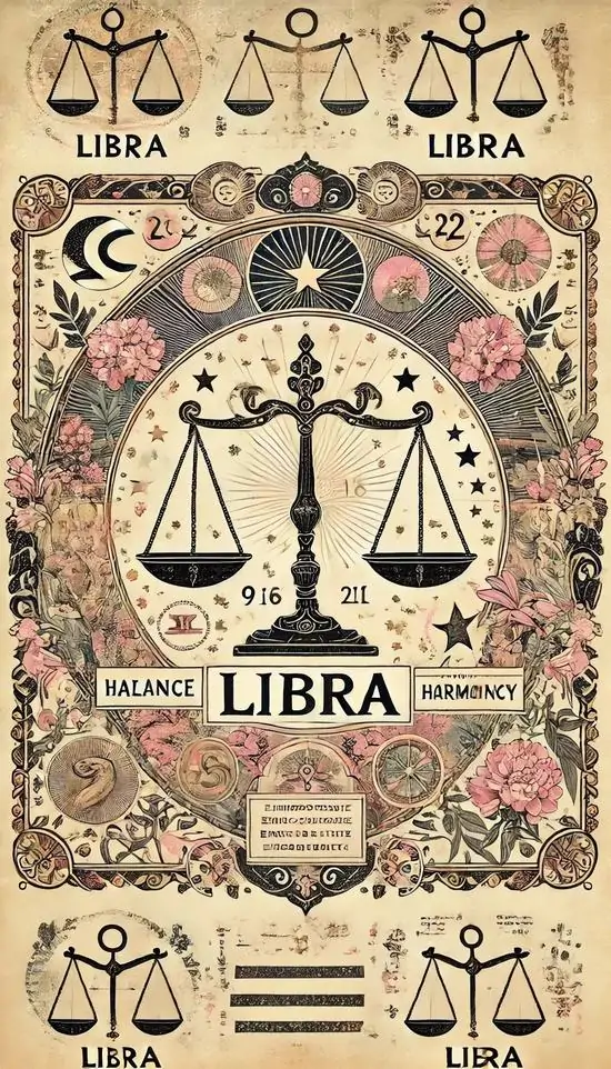 1 Hình poster cổ Thiên Bình phủ hoa lá, cái cân trung tâm gợi nét thanh lịch, mềm mắt, hợp giao diện vintage