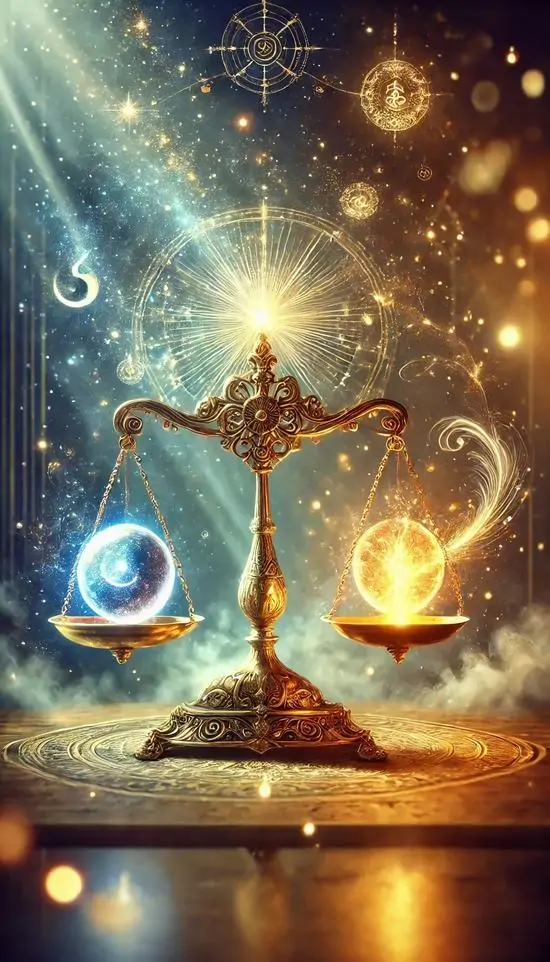 26 Nền máy tính Thiên Bình với nữ thần công lý đứng trên mây bạc, chi tiết vũ trụ điểm quanh tạo chiều sâu riêng