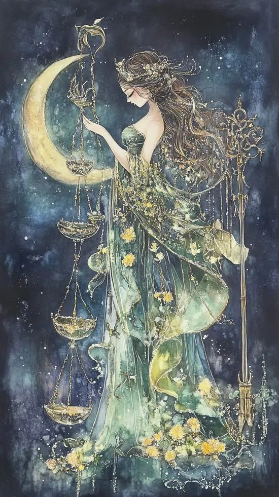 2 Ảnh nền Libra với thiếu nữ ôm trăng giữa bụi sao, gợi sao Kim dịu dàng và bảng màu bạc mơ màng