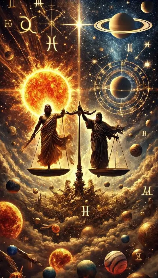 3 Hình nền đẹp The Scales giữa vũ trụ rực lửa, dải ngân hà quấn quanh hai bóng người tạo ngầu nổi bật