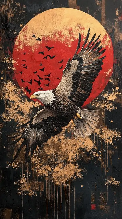 1 Ảnh nền điện thoại khắc họa đại bàng tung cánh trước vầng đỏ khổng lồ, nét vẽ anime phủ lớp bụi tối và vách đá cháy màu, toàn khung dồn vào khí chất mạnh mẽ như một kẻ thống lĩnh đang quét mây trên bầu trời