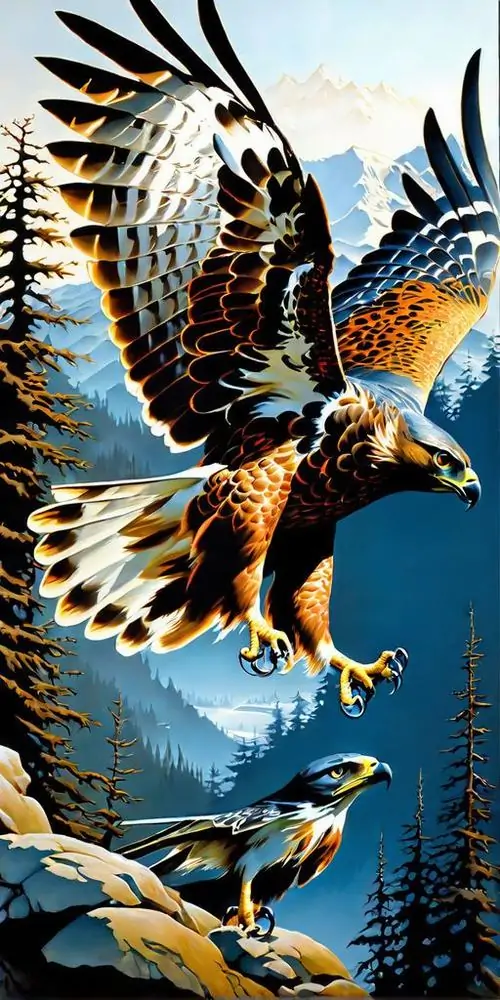 2 Bức ảnh nền đại bàng siêu nét ghi khoảnh khắc chim ưng lao xuống mặt nước xanh thẳm, móng chụp cá giữa nền trời mở rộng, phong cách manga làm bật dáng săn gọn, dứt và đầy uy lực của loài chúa tể bầu trời