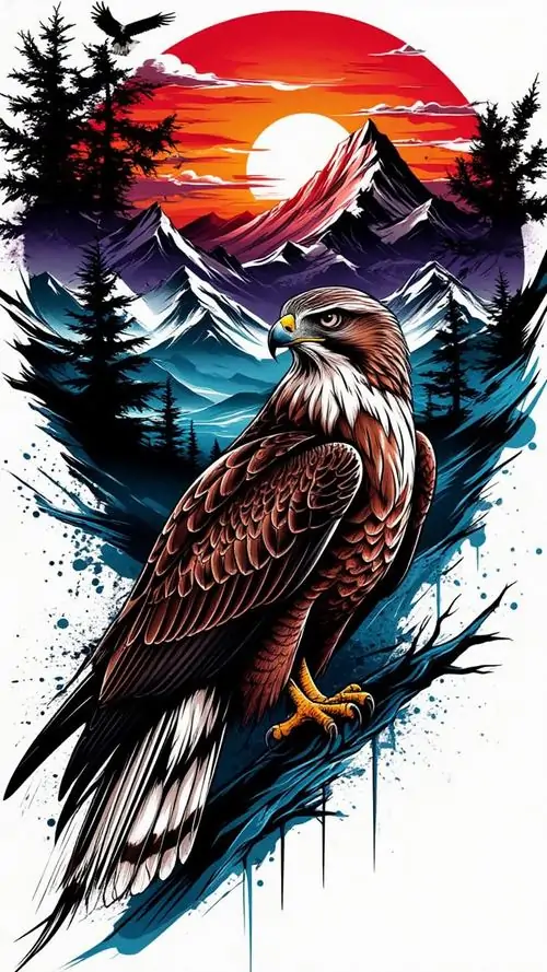 3 Hình nền chim ưng 4k cho thấy đại bàng đậu nghiêng trên cành đen, phía sau là mặt trời lửa và rừng thông tím đỏ, minh họa Nhật nhấn vào tầm nhìn xa trông rộng cùng vẻ tự chủ rất sắc và lạnh